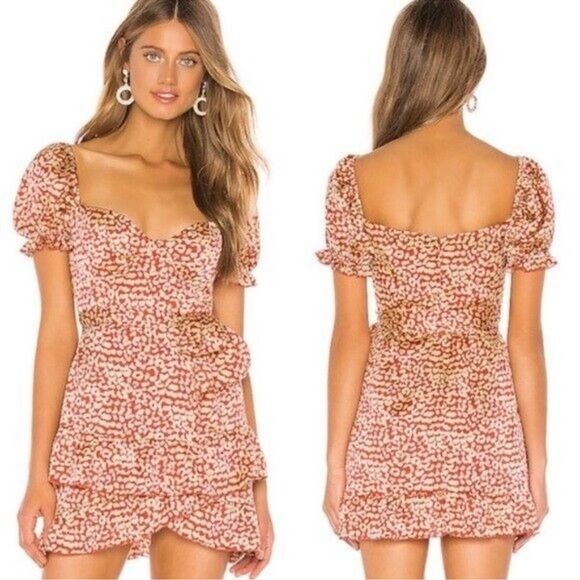 MAJORELLE Shiloh Puff Sleeve Waist Tie Ruffle Mini Dress Red Leopard Size Large‎ - Picture 2 of 16